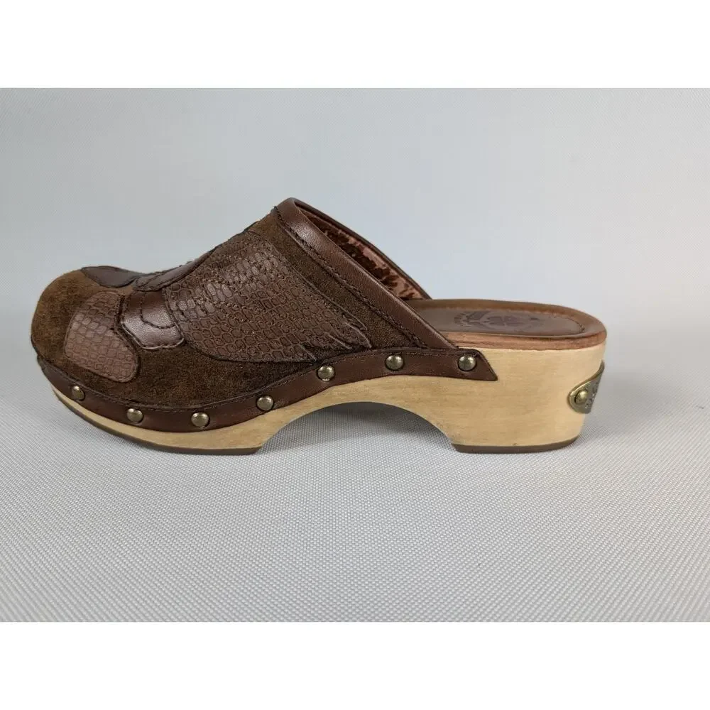 Lucky Brand Womens Wood Leather Platform Block Clogs Brown Size 6.5 M Peace